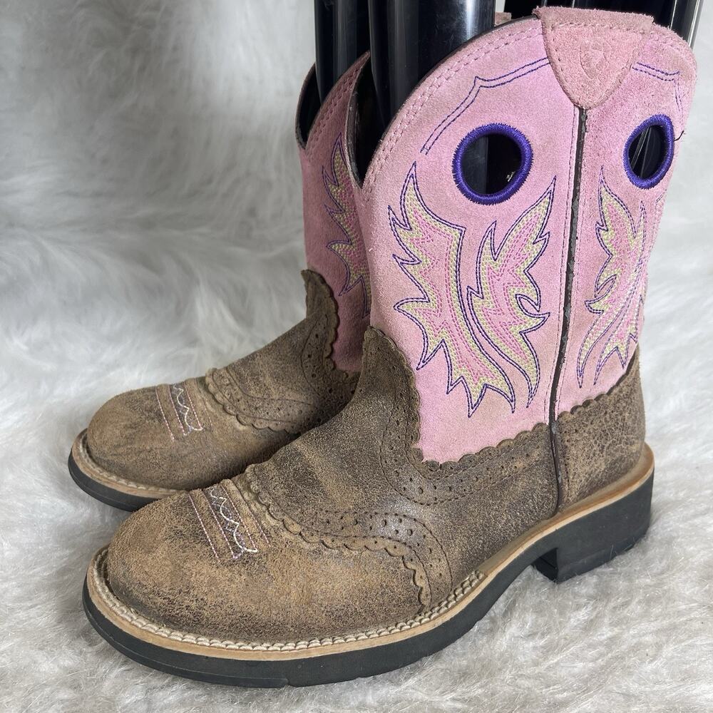 Ariat Girls Western Cowboy Boots Pink Brown Leather Square Toe US 7B Style